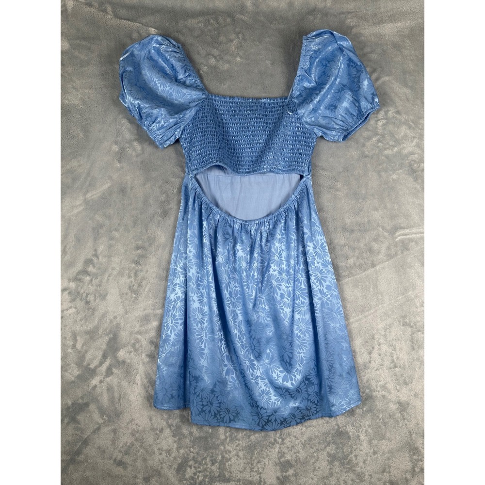 Altar'd State Blue Floral Jacquard Puff Sleeve Cutout Back Mini Dress Small - Picture 9 of 9